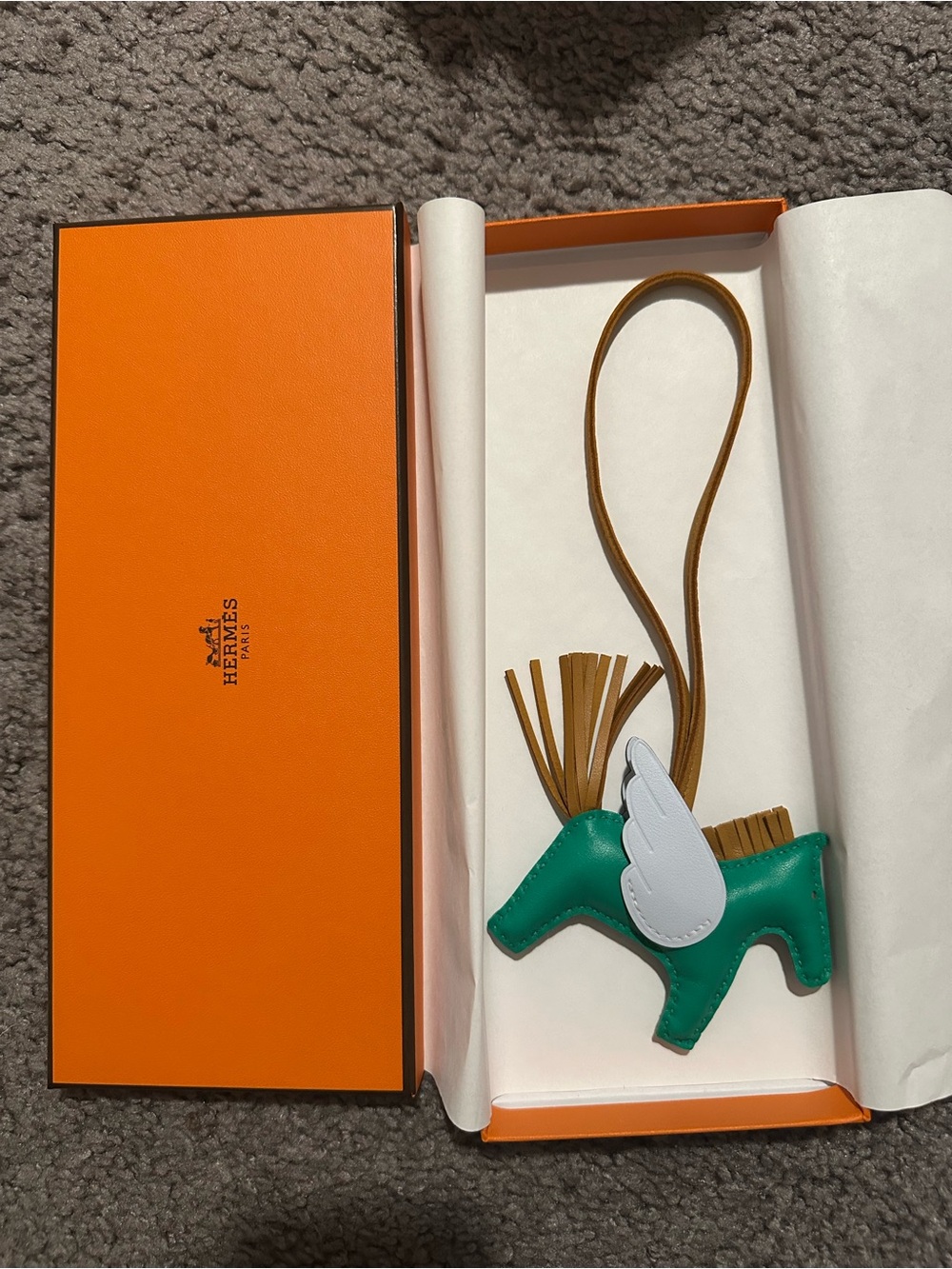 Hermes Green Leather Pony Charm with White Wing and Tan Strap